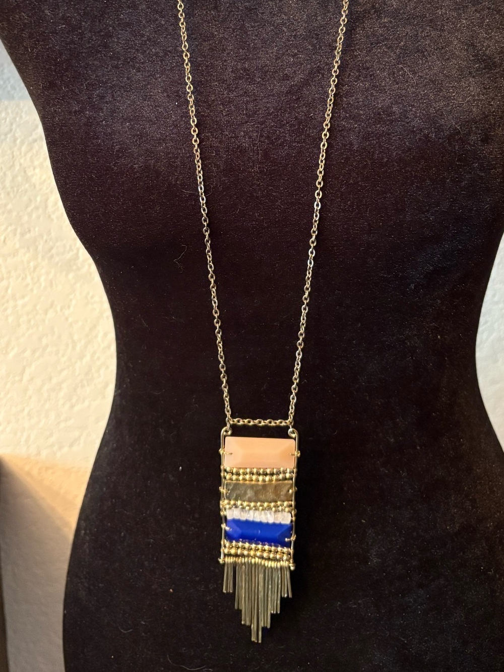 Boho Fringe Pendant Necklace in Blue and Gold
